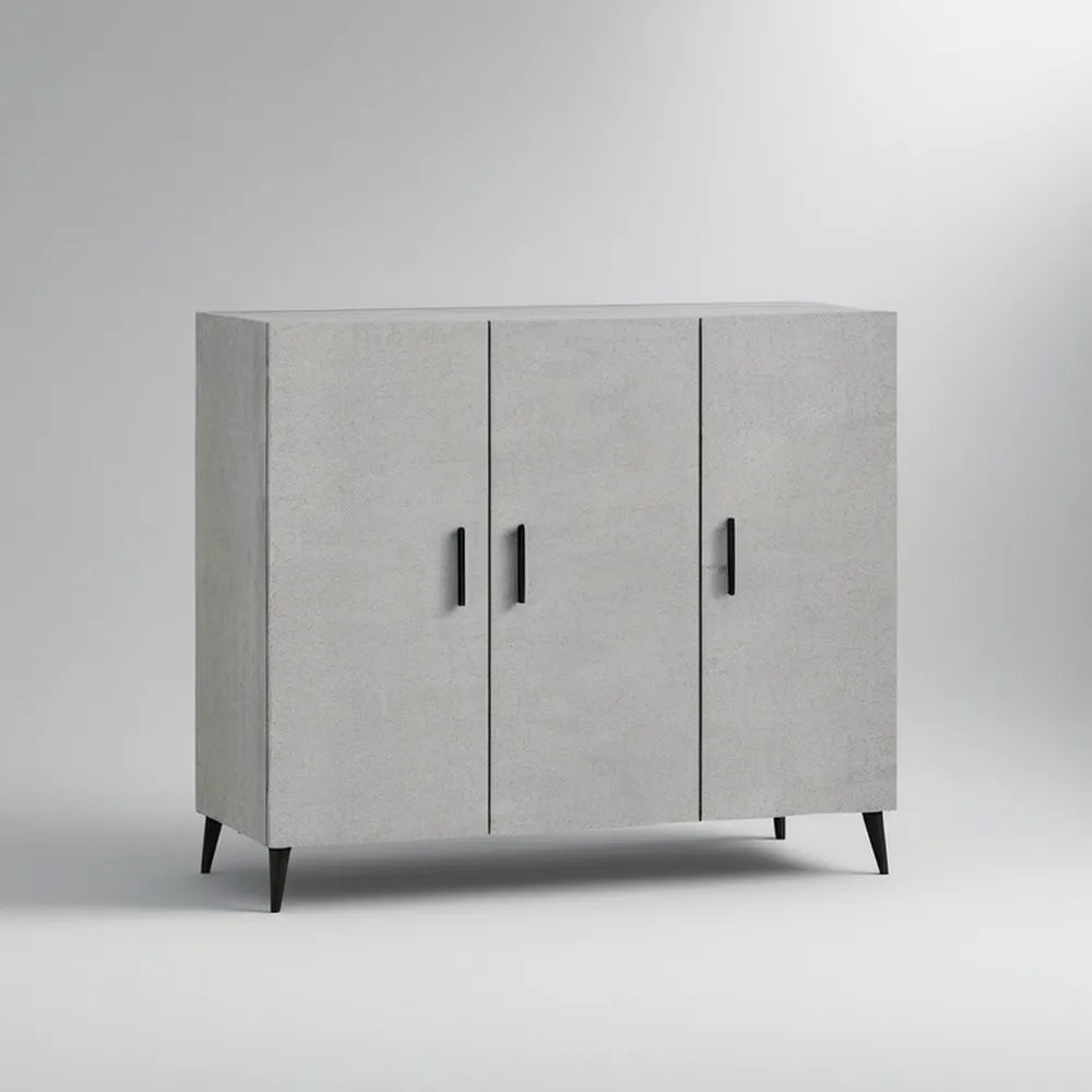 Trzydrzwiowy kredens z płyty MDF w dekorze szarego betonu z czarnymi nogami, 120 x 40 x 90 cm