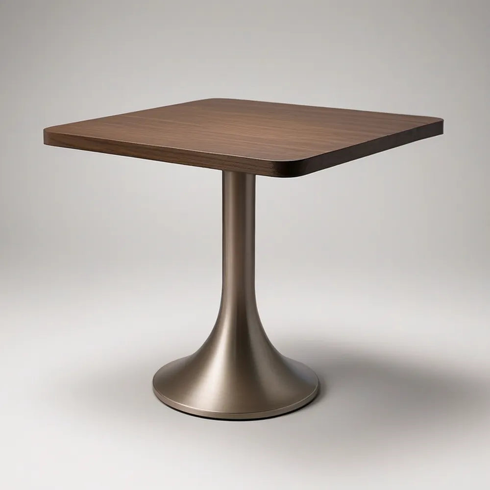 Kwadratowy stół barowy 70 × 70 × 105 cm z blatem MDF w kolorze orzechowym i brązową stalową podstawą