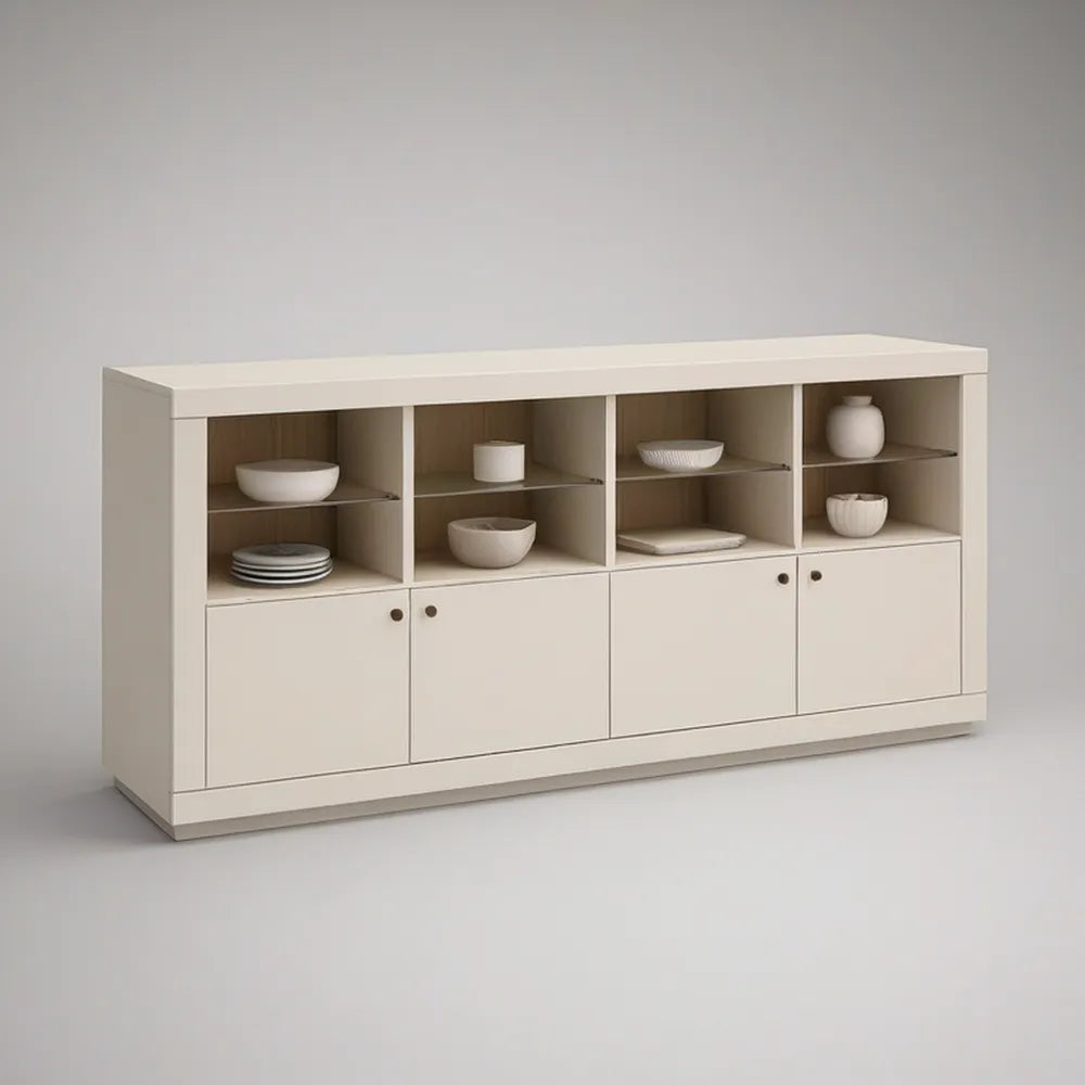 Kremowy kredens MDF 180 x 40 x 85 cm z 8 otwartymi wnękami i 4 drzwiami
