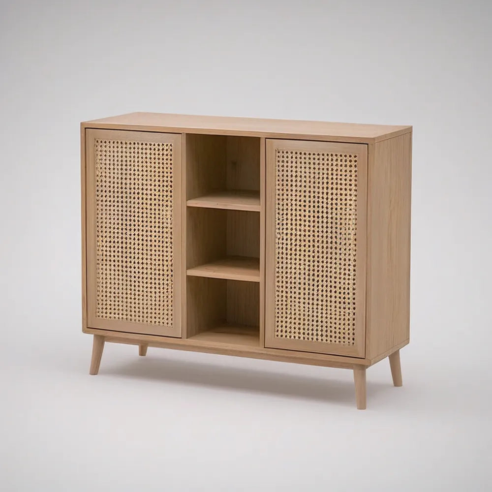 Kredens skandynawski 100 x 40 x 85 cm z rattanowymi frontami, jasny dąb i naturalny beż
