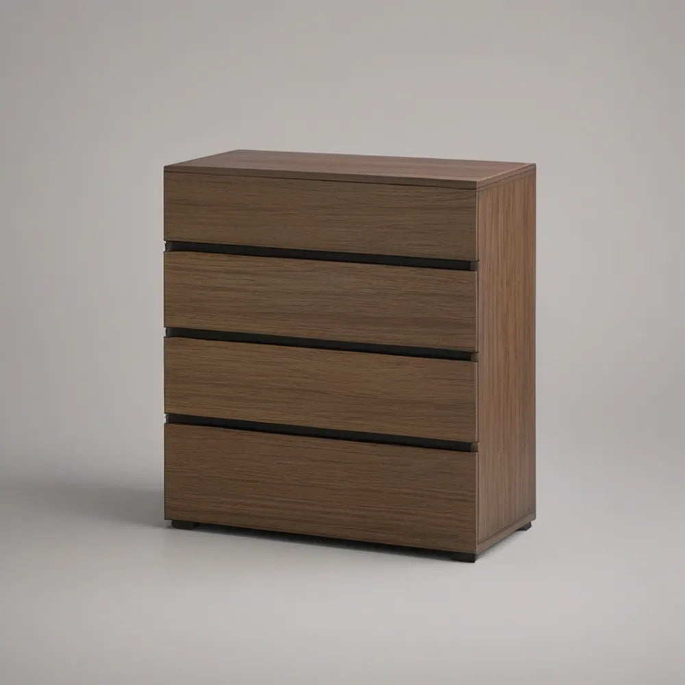 Komoda z 4 szufladami z płyty MDF w okleinie orzechowej, brązowa z czarnymi detalami, 80 x 40 x 85 cm